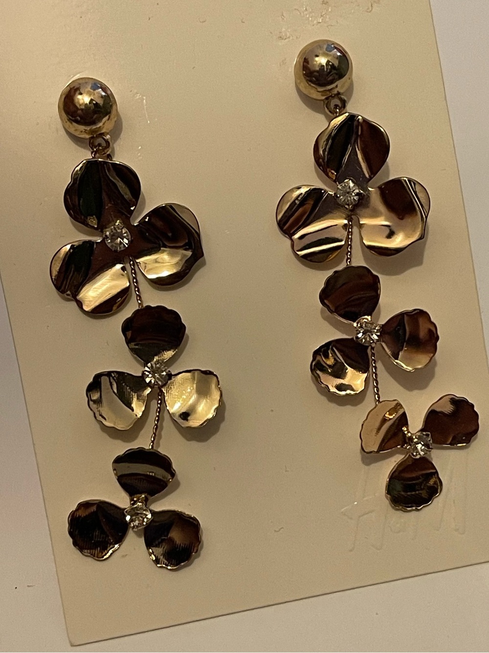 H&M Earrings Floral Gold Tone Statement New With Tags Rhinestones